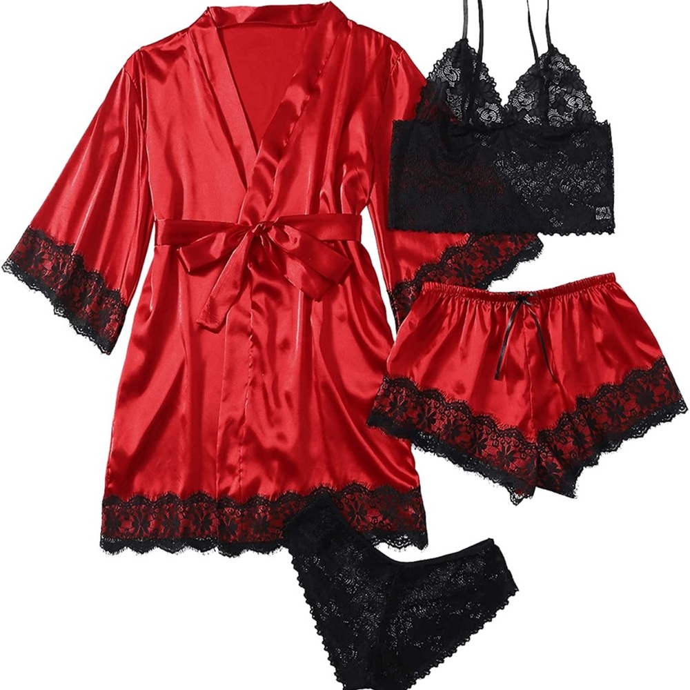 pajama set- satin lingerie with lace 4 pieces